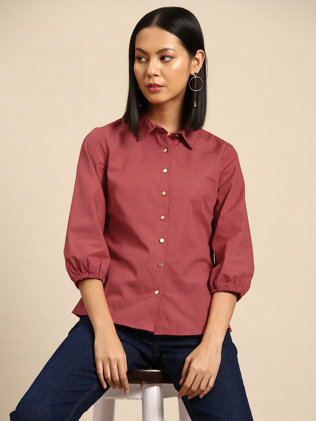 

all about you Puff Sleeve Cotton Shirt Style Top, Rust