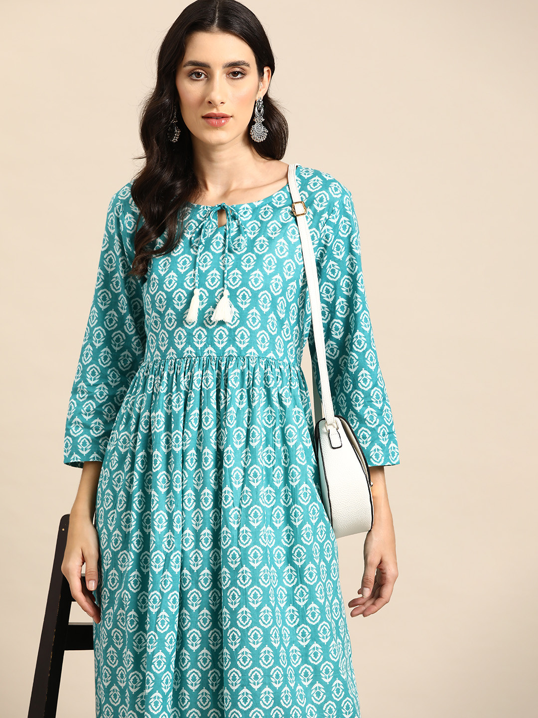 

all about you Women Pure Cotton Ethnic Print Gathered Waist A-Line Kurta, Sea green