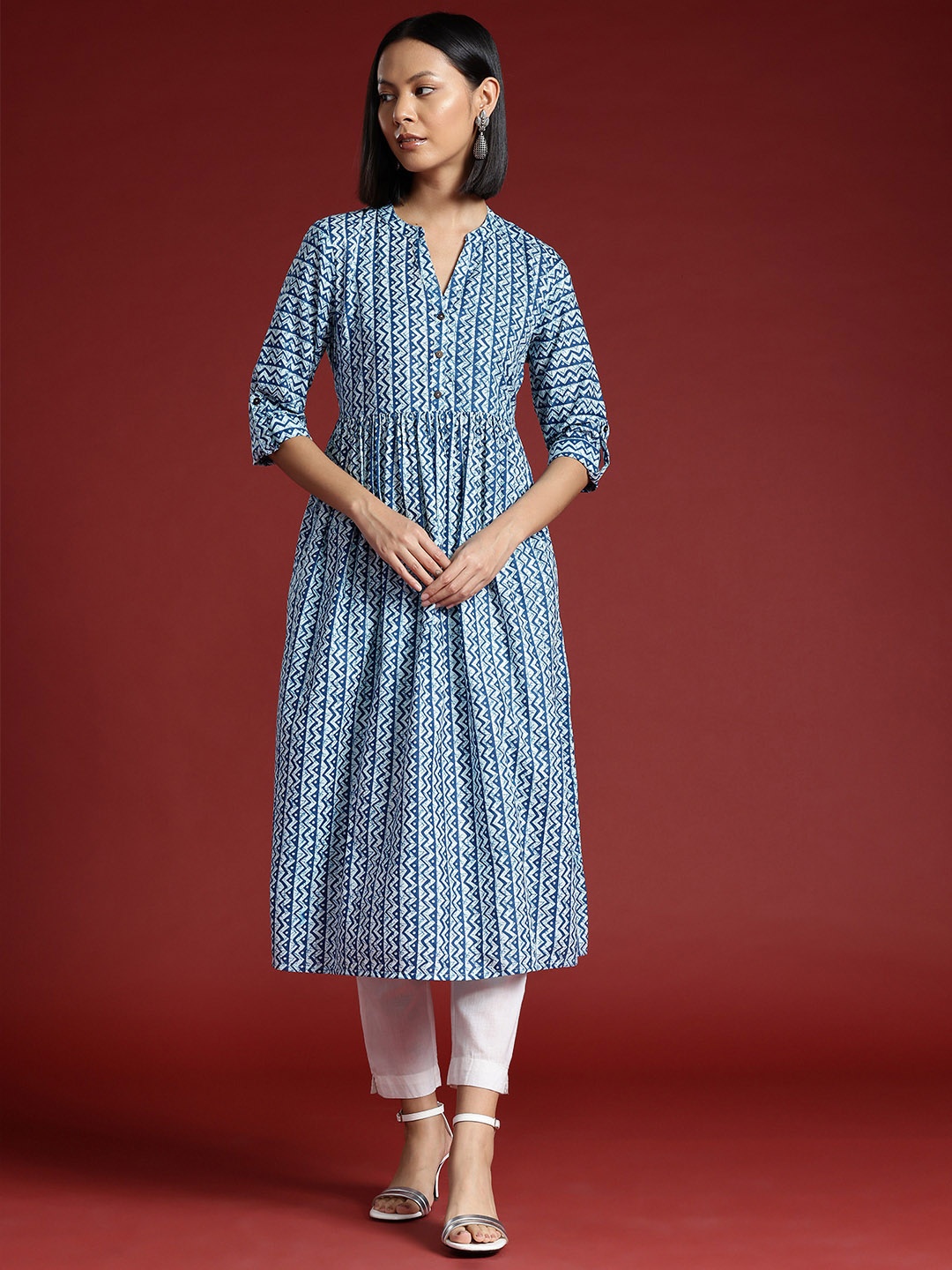 

all about you Chevron Printed A-Line Kurta, Blue