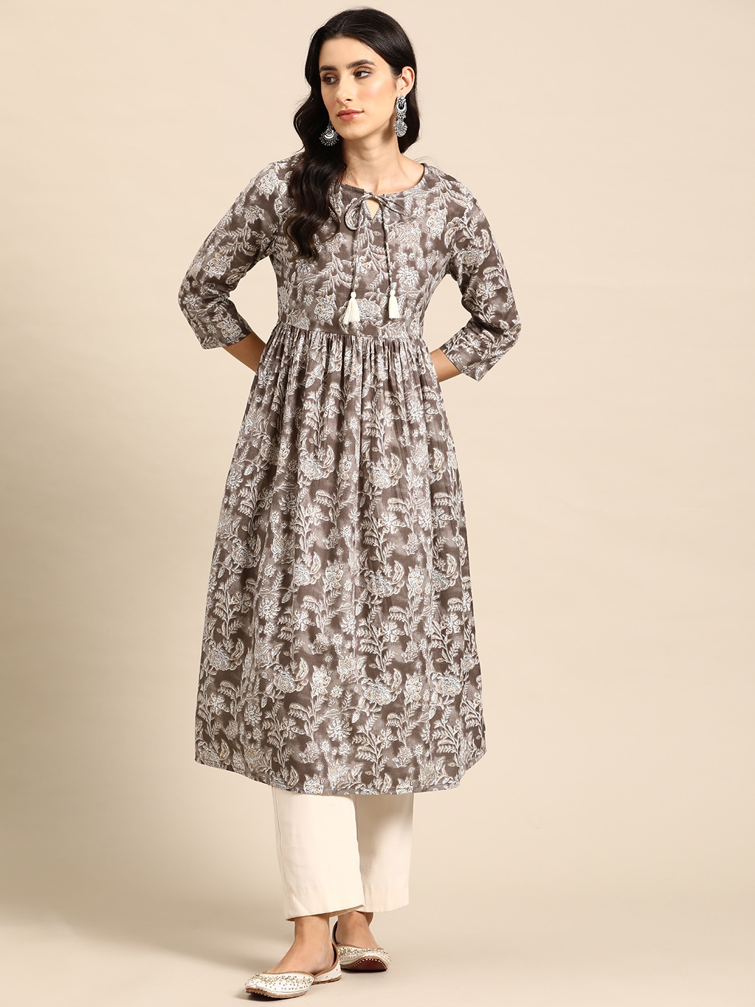 

all about you Women Ethnic Motifs Printed Gathered Waist A-Line Kurta, Taupe