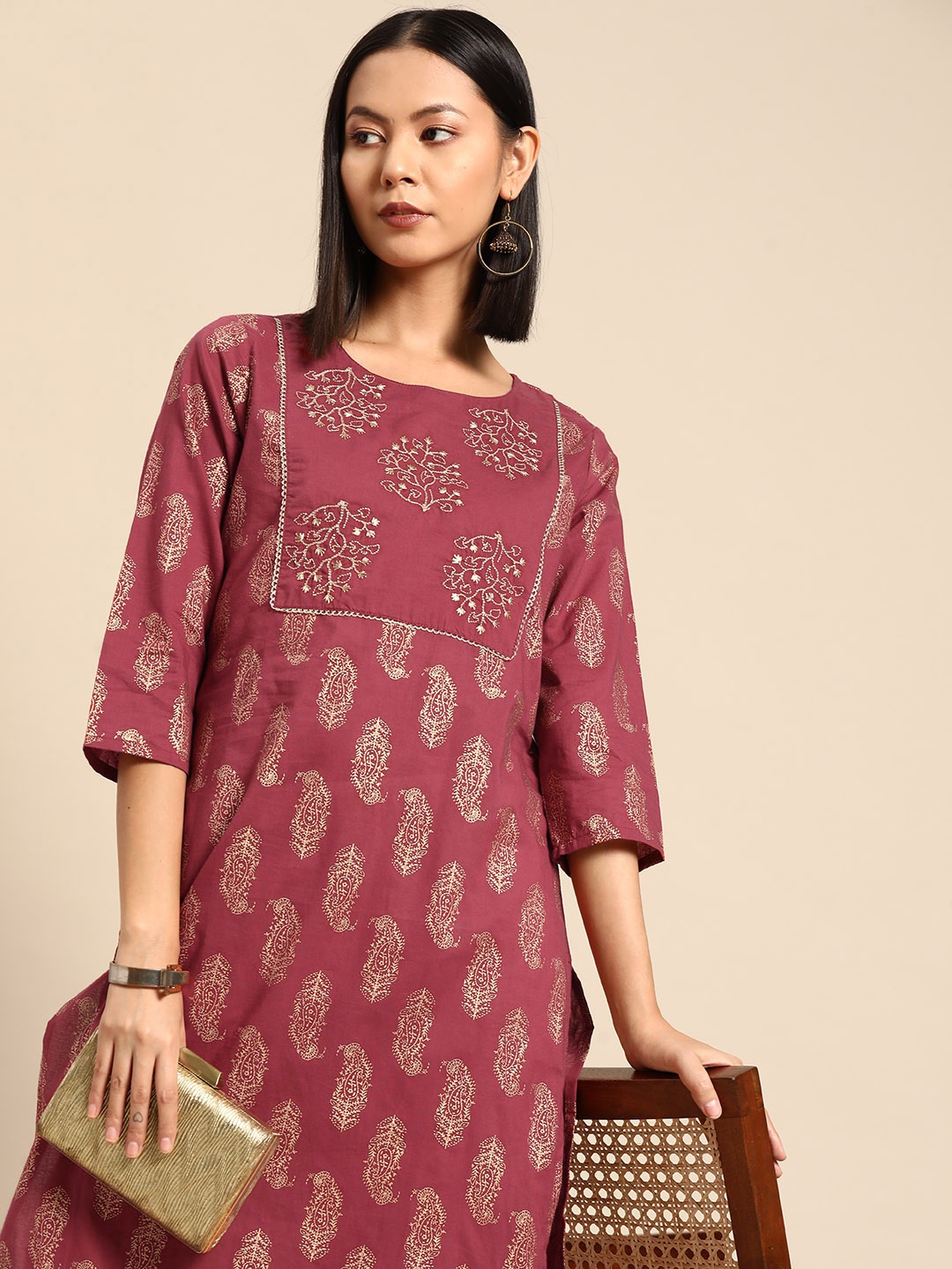 

all about you Thread Work Embroidered Straight Kurta, Rose