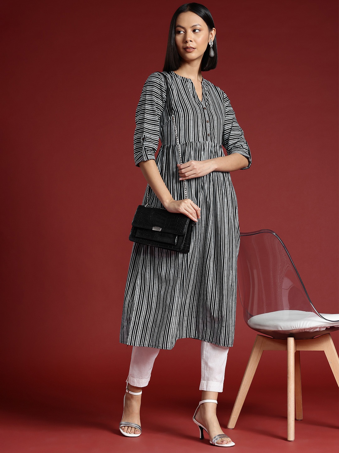 

all about you Striped Roll-Up Sleeves A-Line Kurta, Black