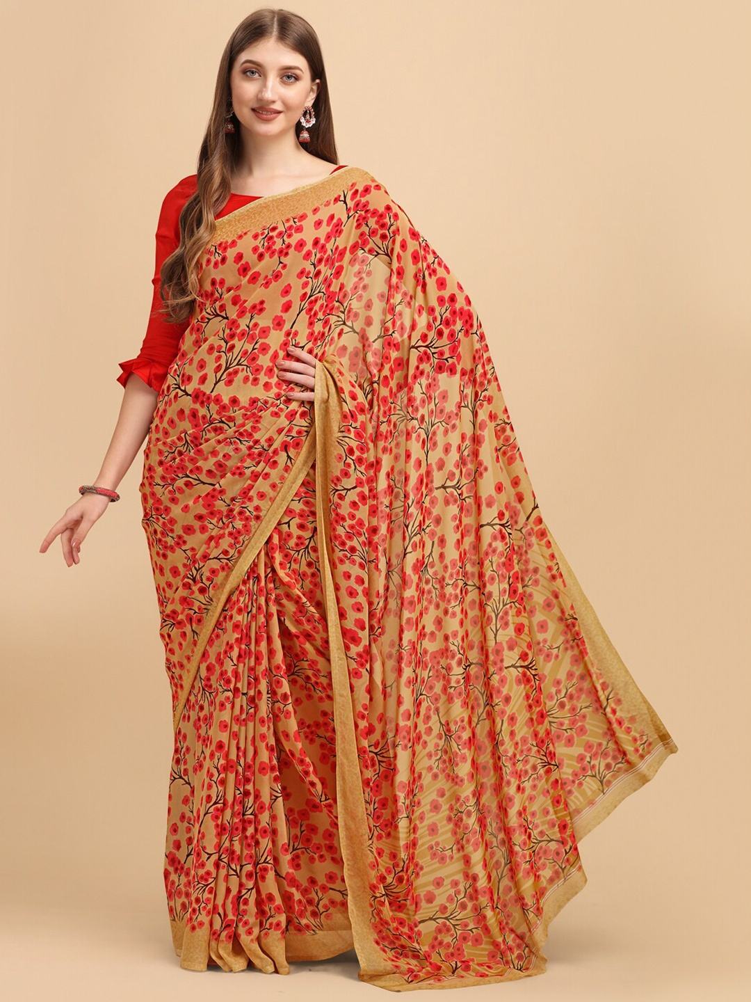 

Dori Floral Printed Pure Georgette Saree, Beige