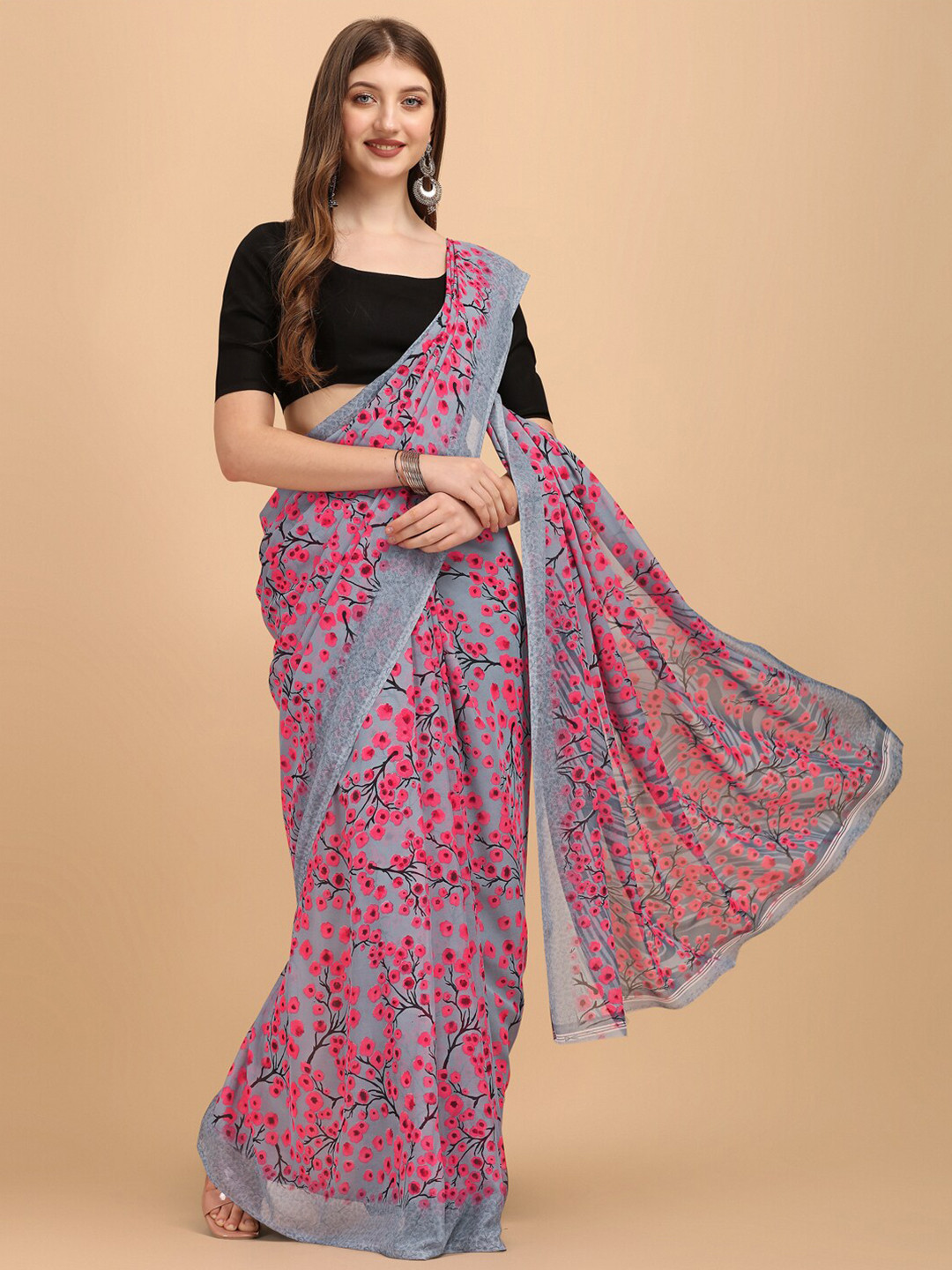 

Dori Floral Printed Pure Georgette Saree, Grey