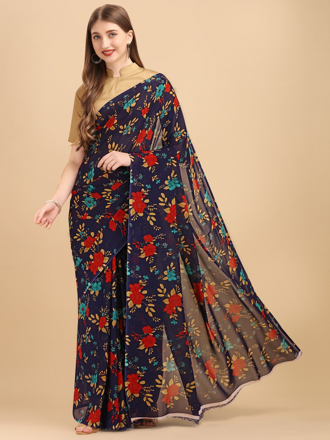 

Dori Floral Printed Pure Georgette Saree, Navy blue