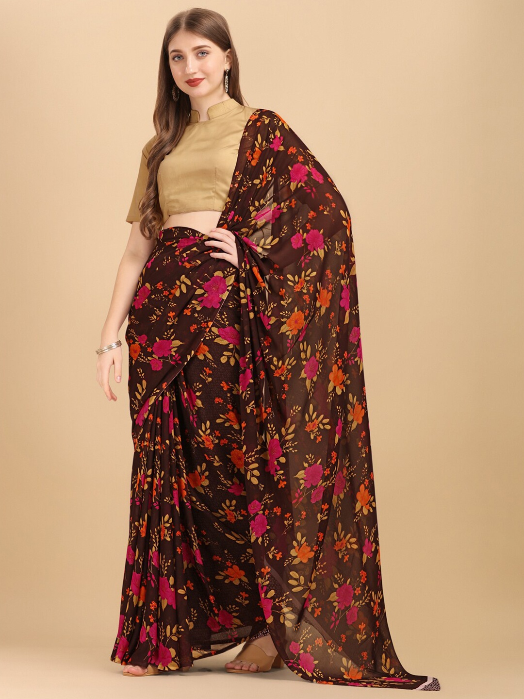 

Dori Floral Printed Pure Georgette Saree, Brown