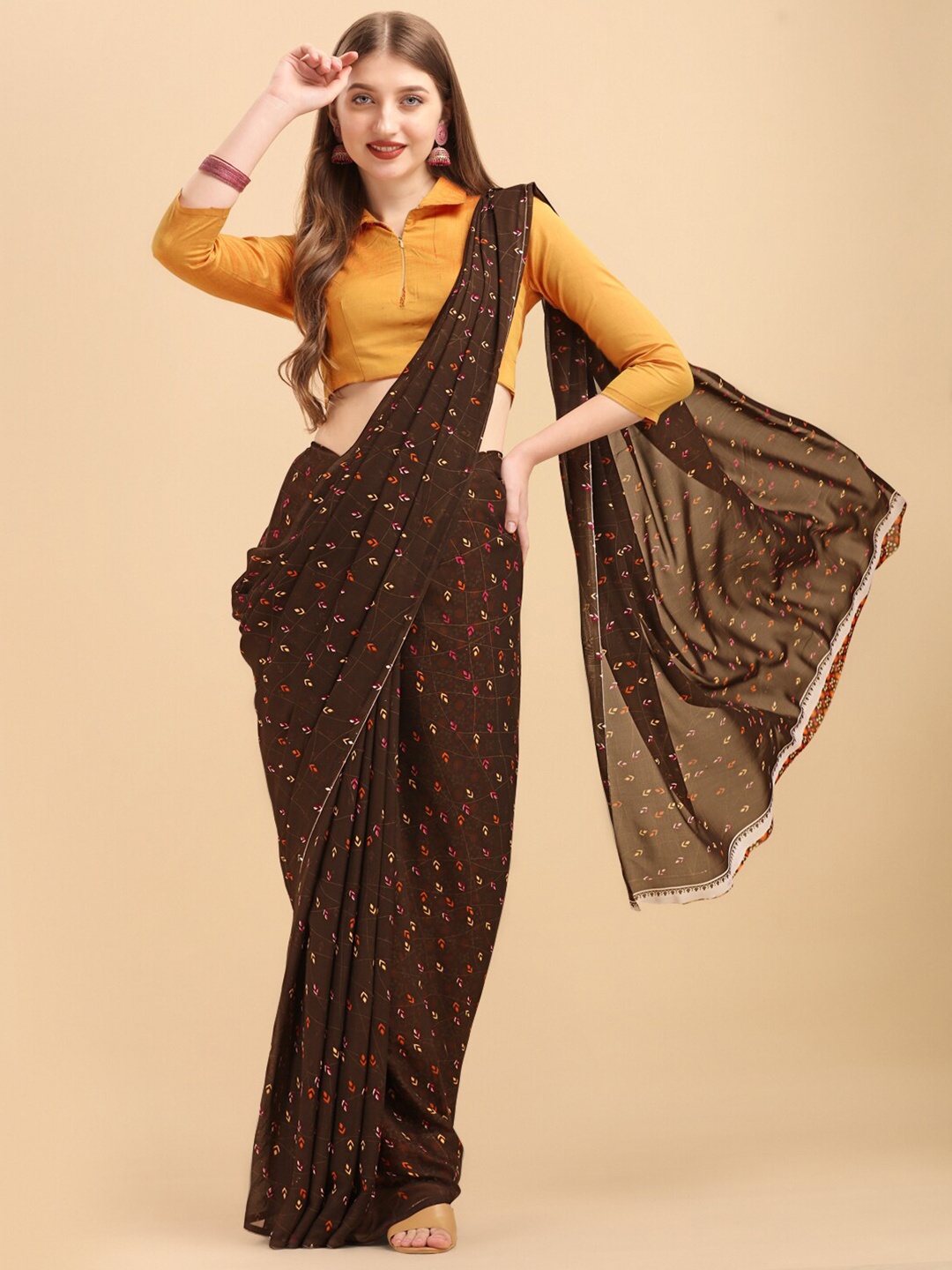 

Dori Geometric Printed Pure Georgette Saree, Brown