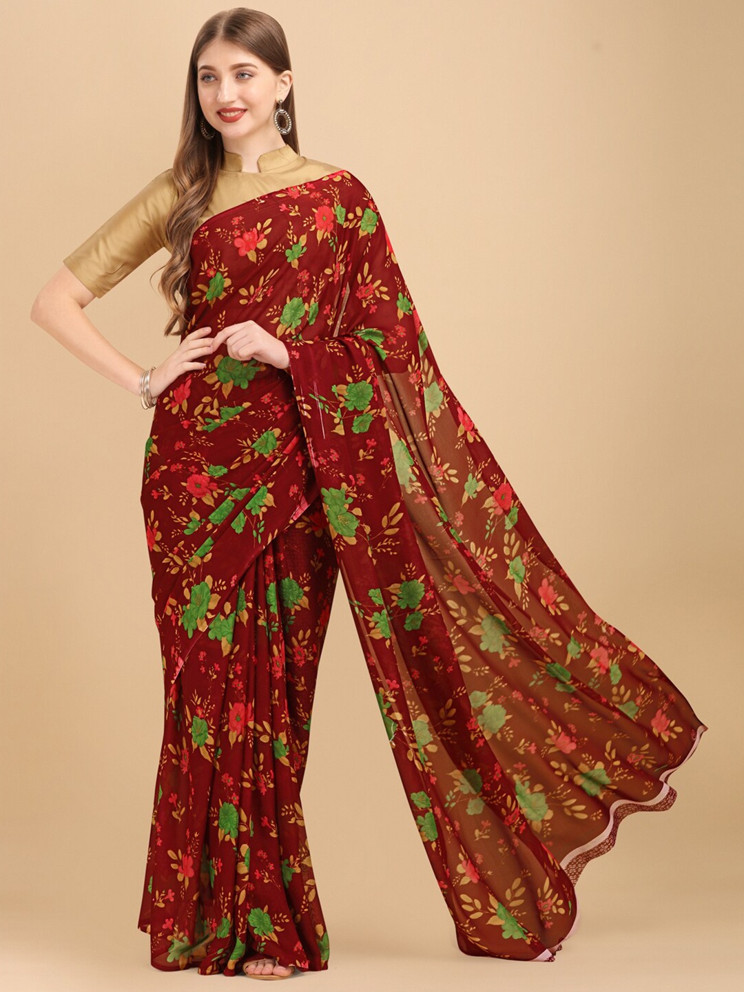 

Dori Floral Printed Pure Georgette Saree, Maroon