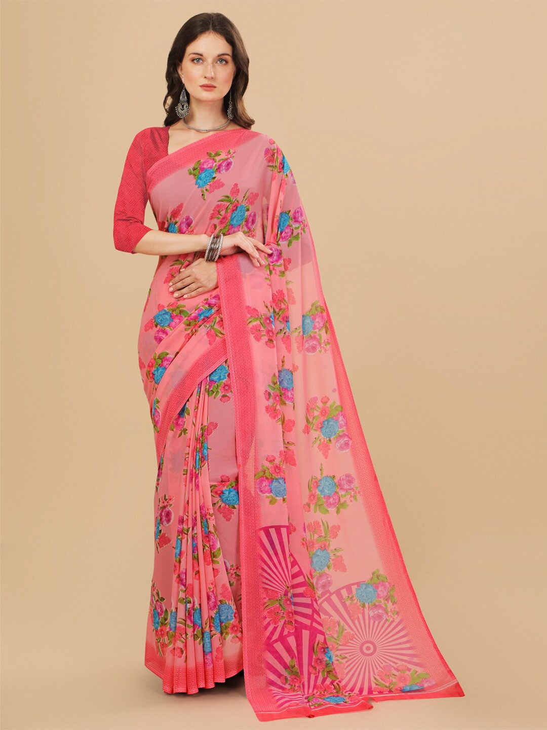 

Dori Floral Printed Pure Georgette Saree, Pink