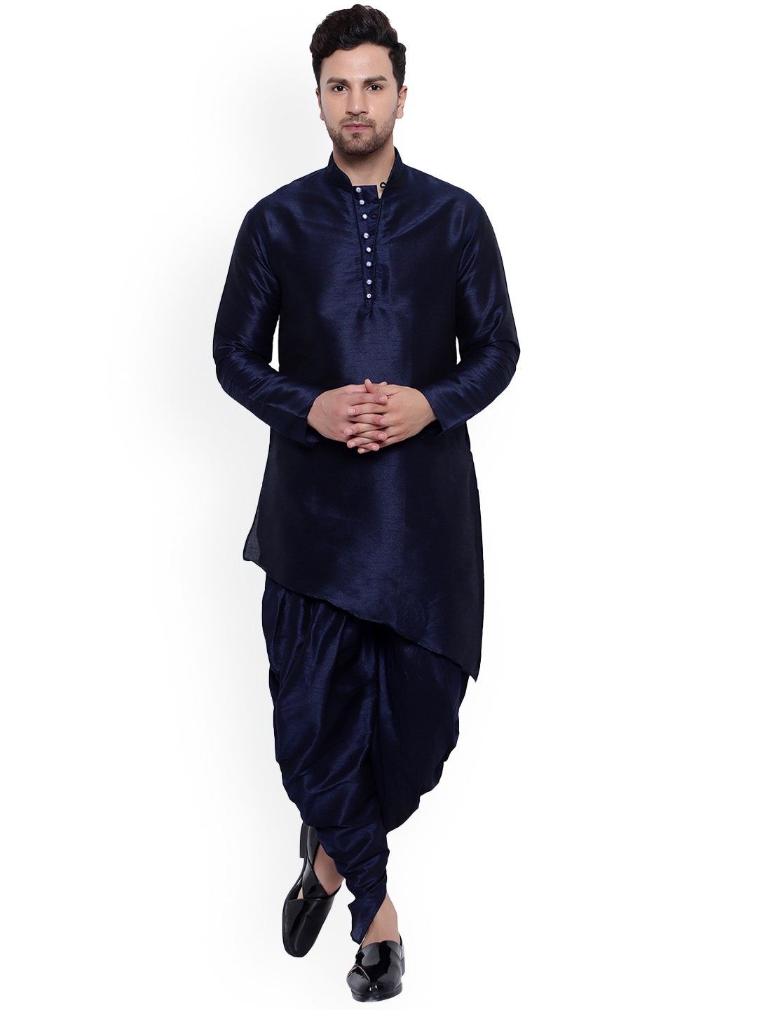 

ONNIX Mandarin Collar Silk Kurta with Dhoti Pants, Navy blue