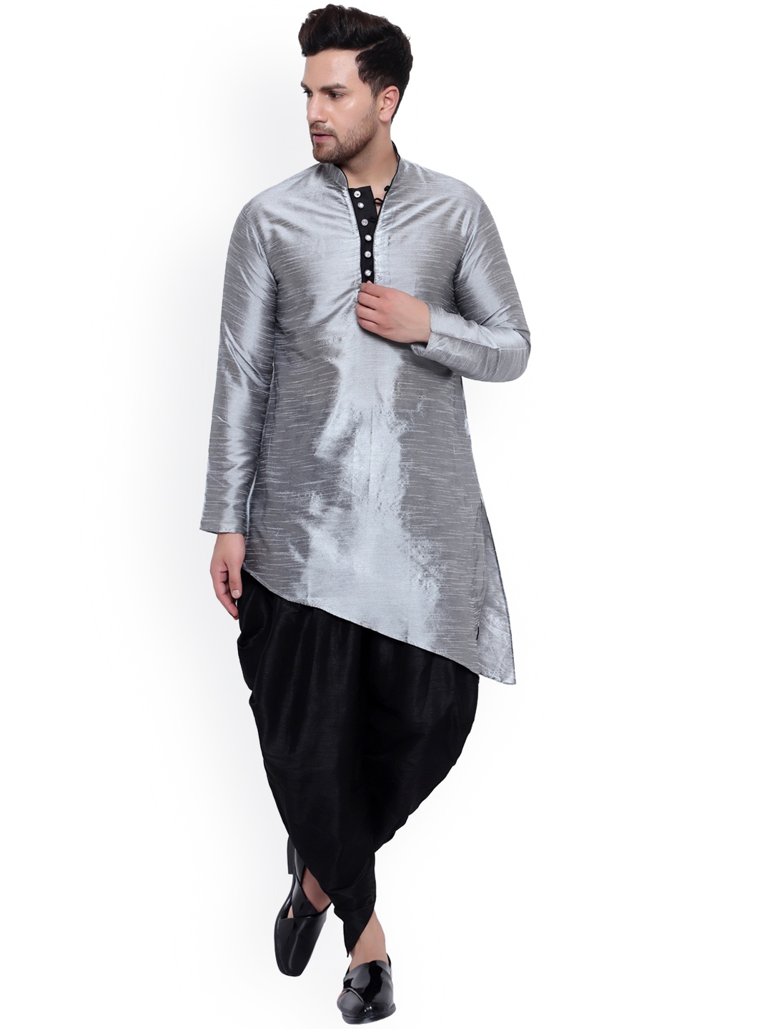 

ONNIX Regular Dupion Silk Asymmetric Hem Kurta With Dhoti Pants, Silver