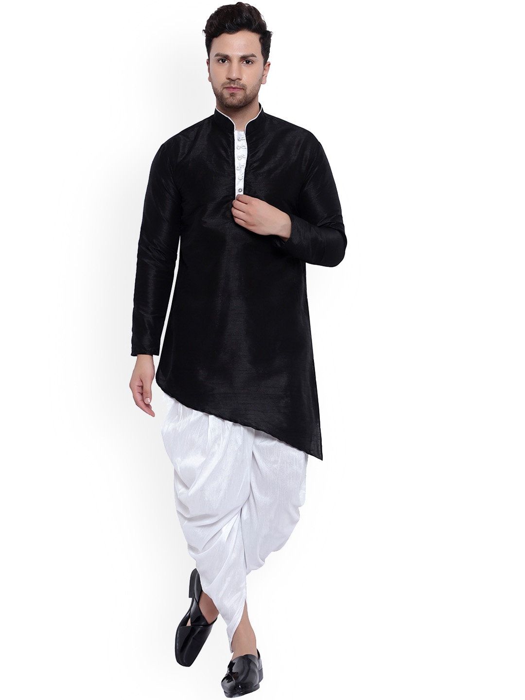 

ONNIX Mandarin Collar Silk Kurta with Dhoti Pants, Black