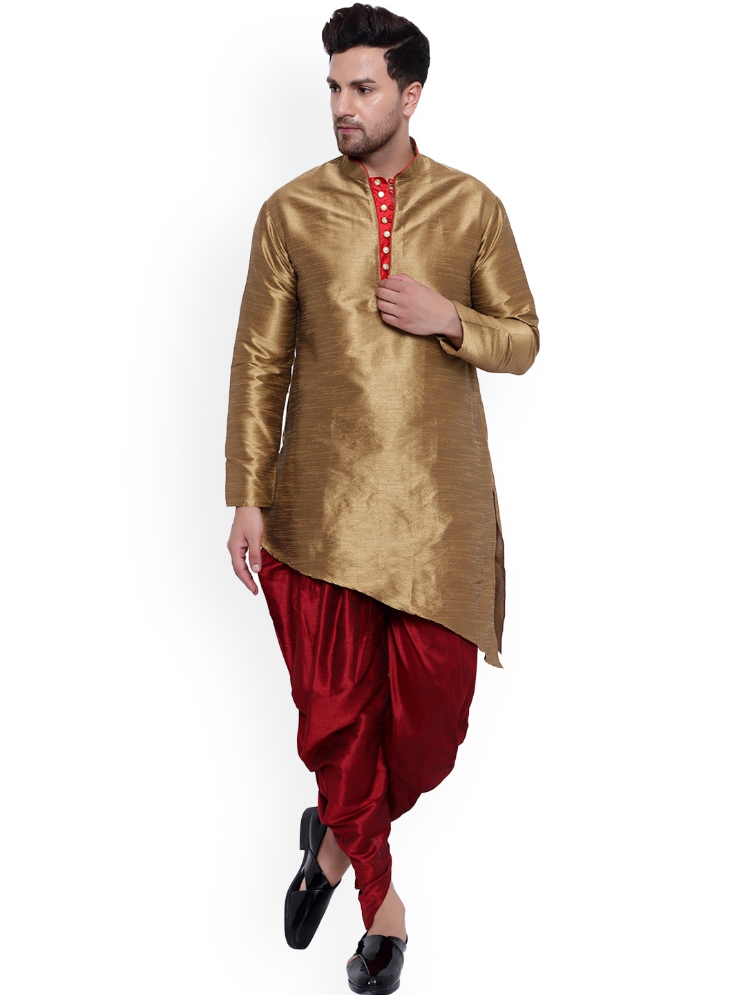 

ONNIX Regular Dupion Silk Asymmetric Hem Kurta With Dhoti Pants, Gold