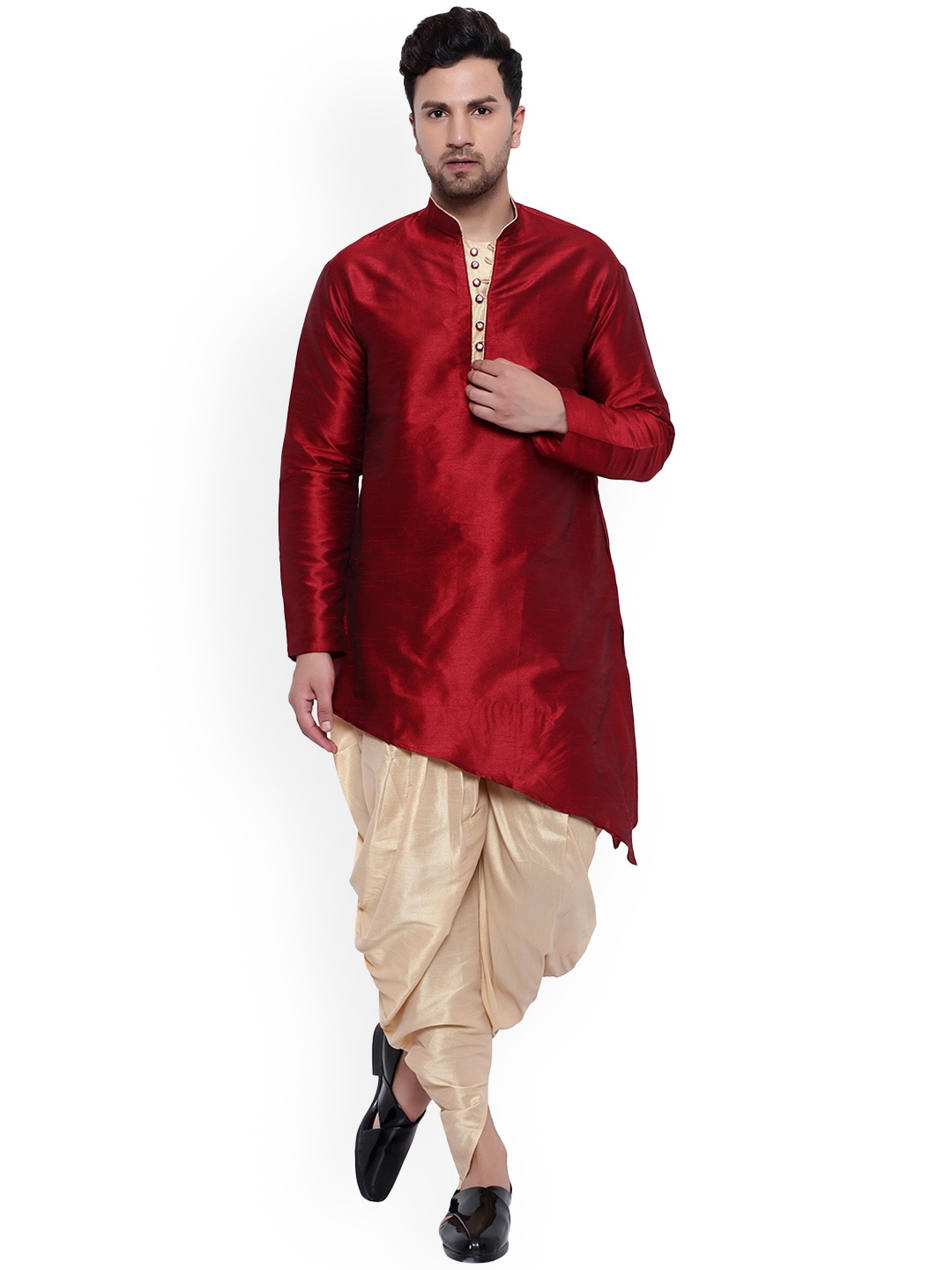 

ONNIX Regular Dupion Silk Asymmetric Hem Kurta With Dhoti Pants, Maroon