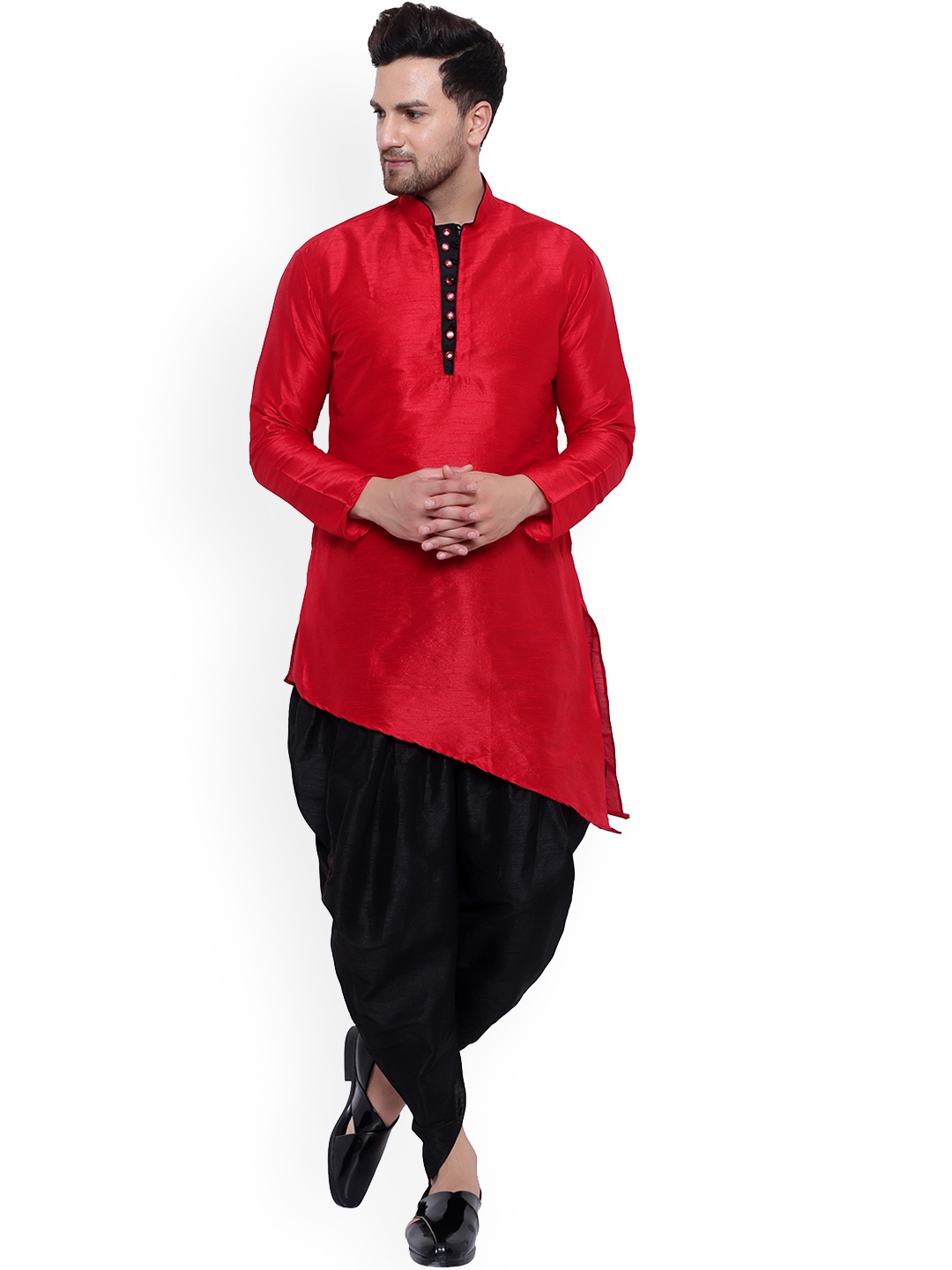 

ONNIX Regular Dupion Silk Asymmetric Hem Kurta With Dhoti Pants, Red