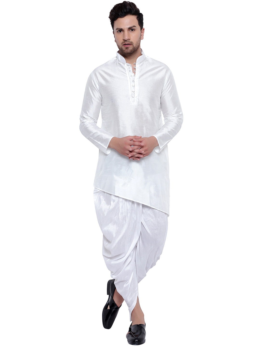 

ONNIX Regular Dupion Silk Asymmetric Hem Kurta With Dhoti Pants, White