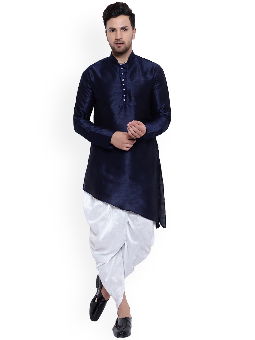 

ONNIX Mandarin Collar Silk Kurta with Dhoti Pants, Navy blue