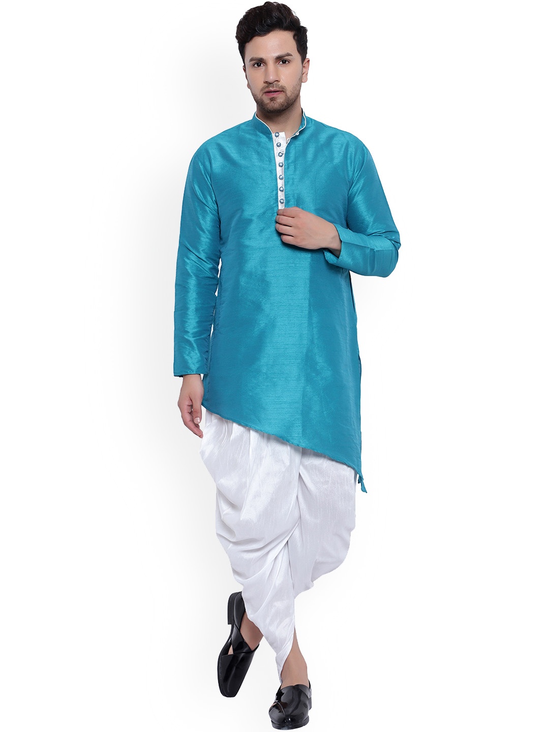

ONNIX Regular Dupion Silk Asymmetric Hem Kurta With Dhoti Pants, Blue