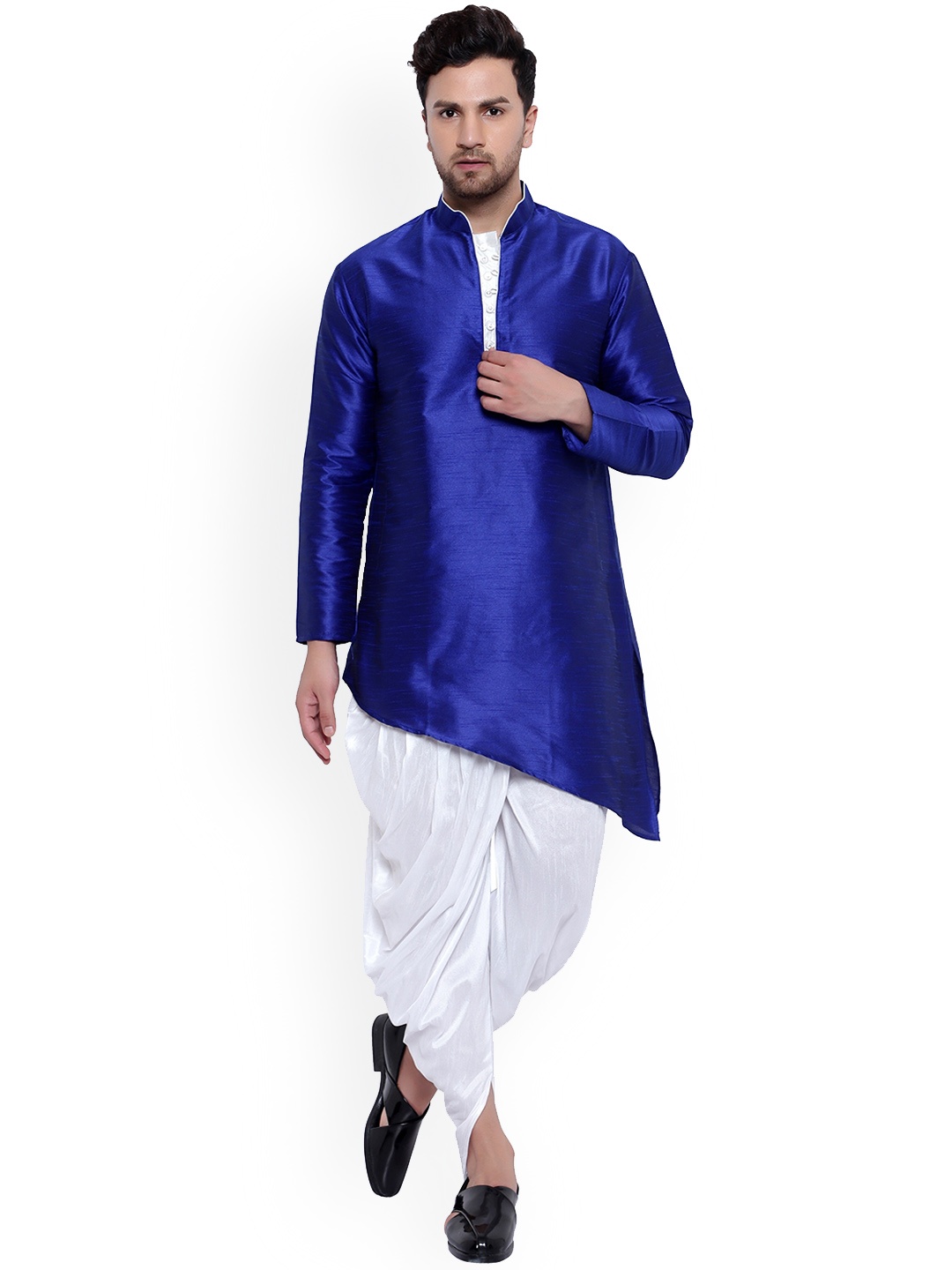 

ONNIX Regular Dupion Silk Asymmetric Hem Kurta With Dhoti Pants, Blue