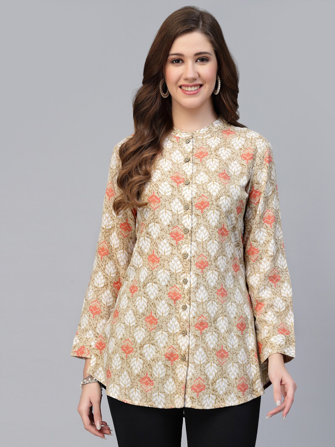

KBZ Beige Floral Printed Mandarin Collar Shirt Style Top