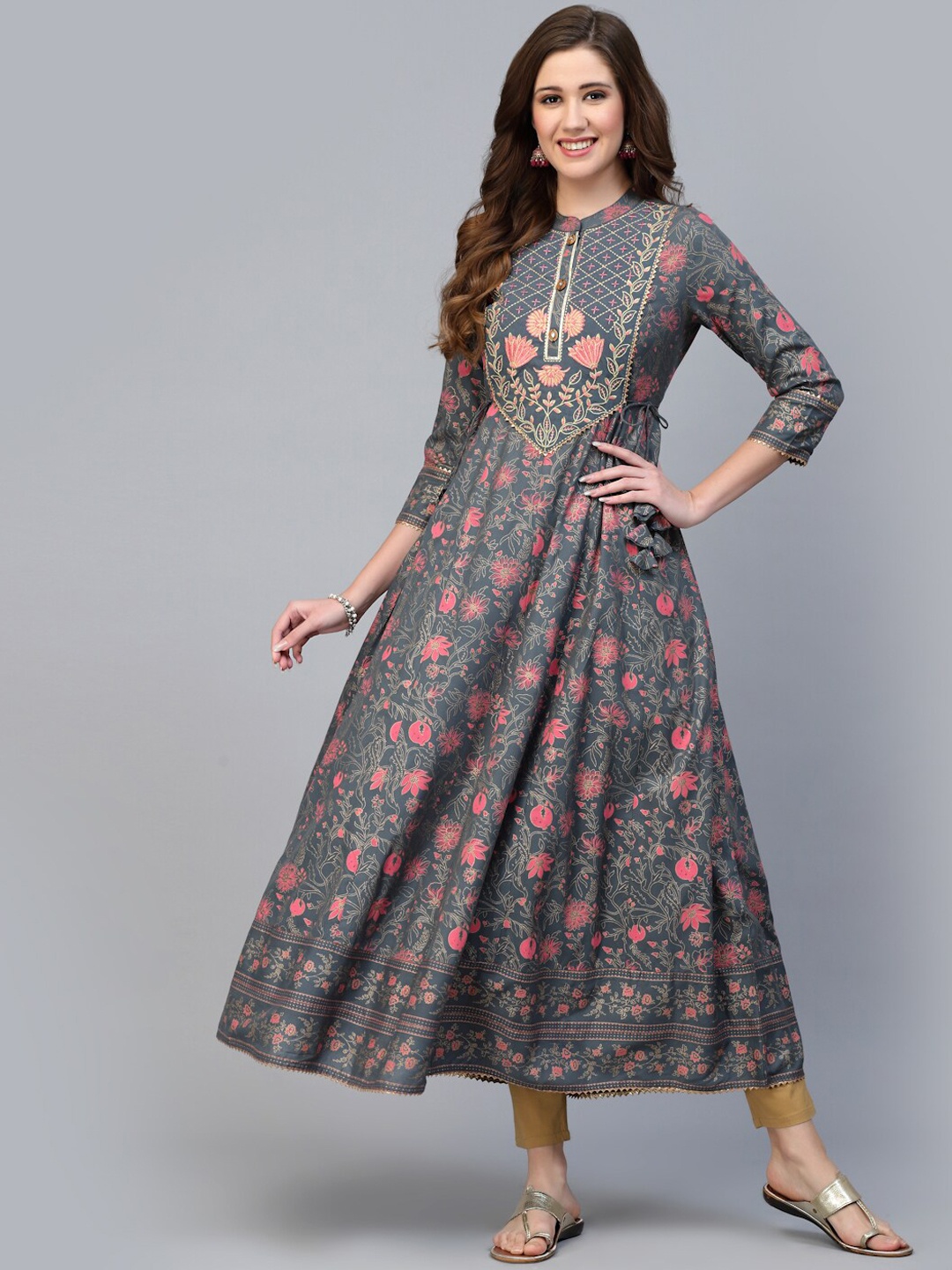 

KBZ Floral Printed Mandarin Collar Anarkali Kurta, Grey