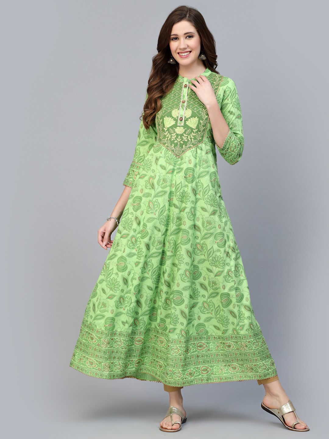 

KBZ Ethnic Motifs Printed Mandarin Collar Anarkali Kurta, Green