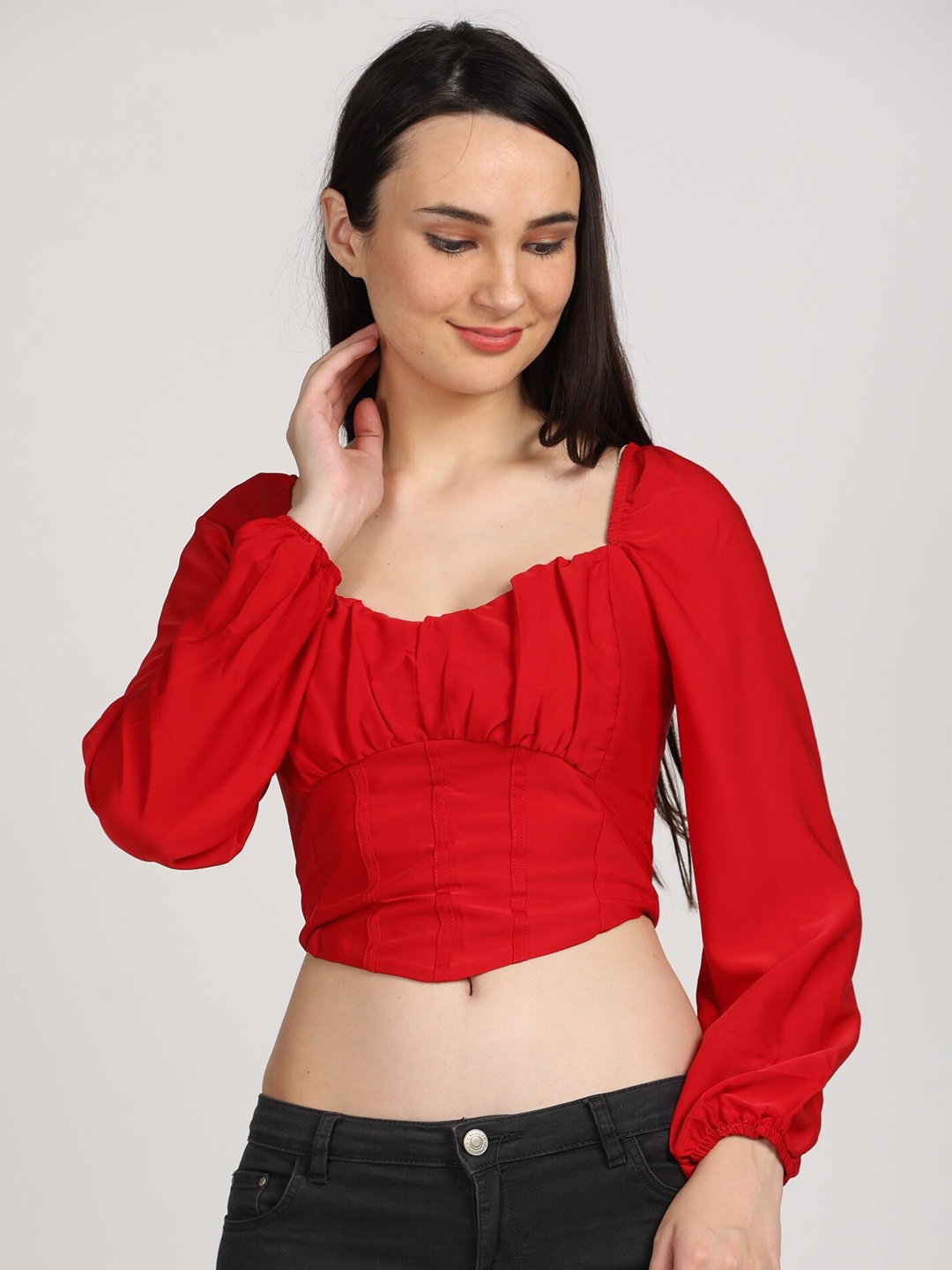 

BOLDMISS Scoop Neck Puff Sleeves Fitted Crop Top, Red