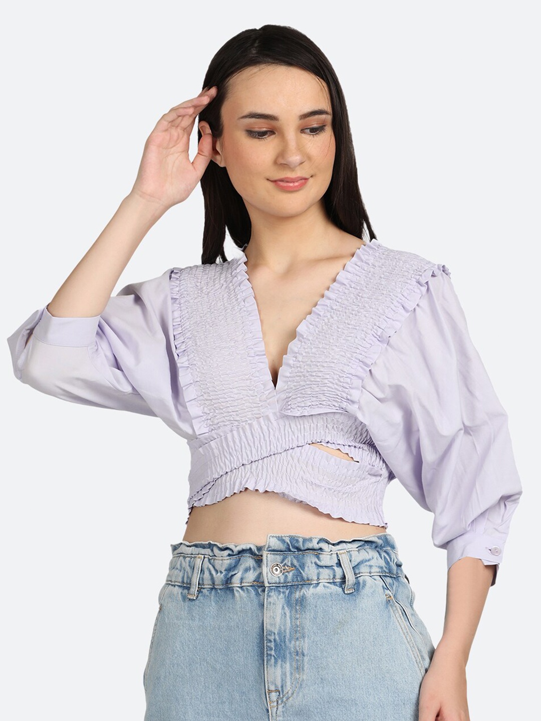 

BOLDMISS V-Neck Smocked Crop Top, Purple