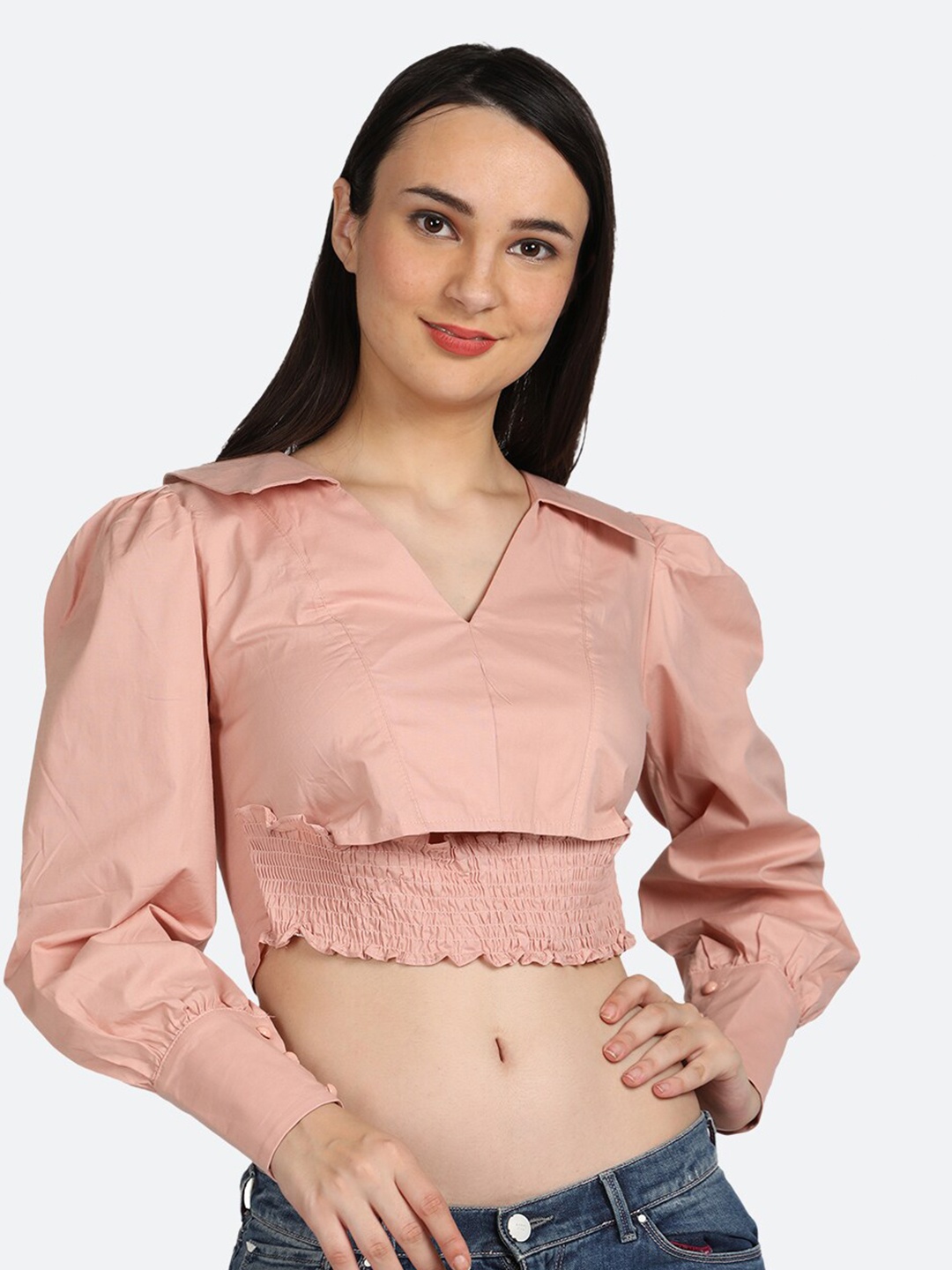 

BOLDMISS V-Neck Smocked Cuffed Sleeves Blouson Crop Top, Peach