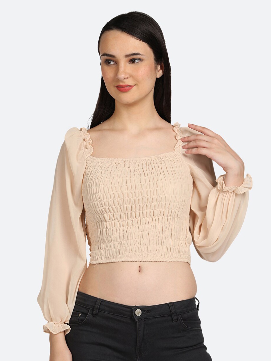 

BOLDMISS Square Neck Smocked Puff Sleeves Fitted Crop Top, Beige