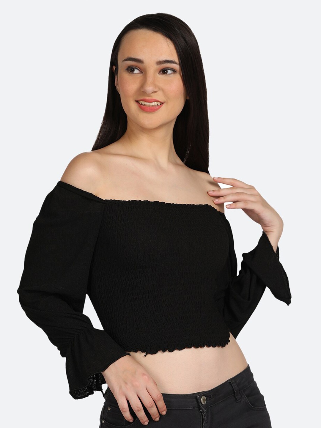 

BOLDMISS Off-Shoulder Bell Sleeves Bardot Crop Top, Black