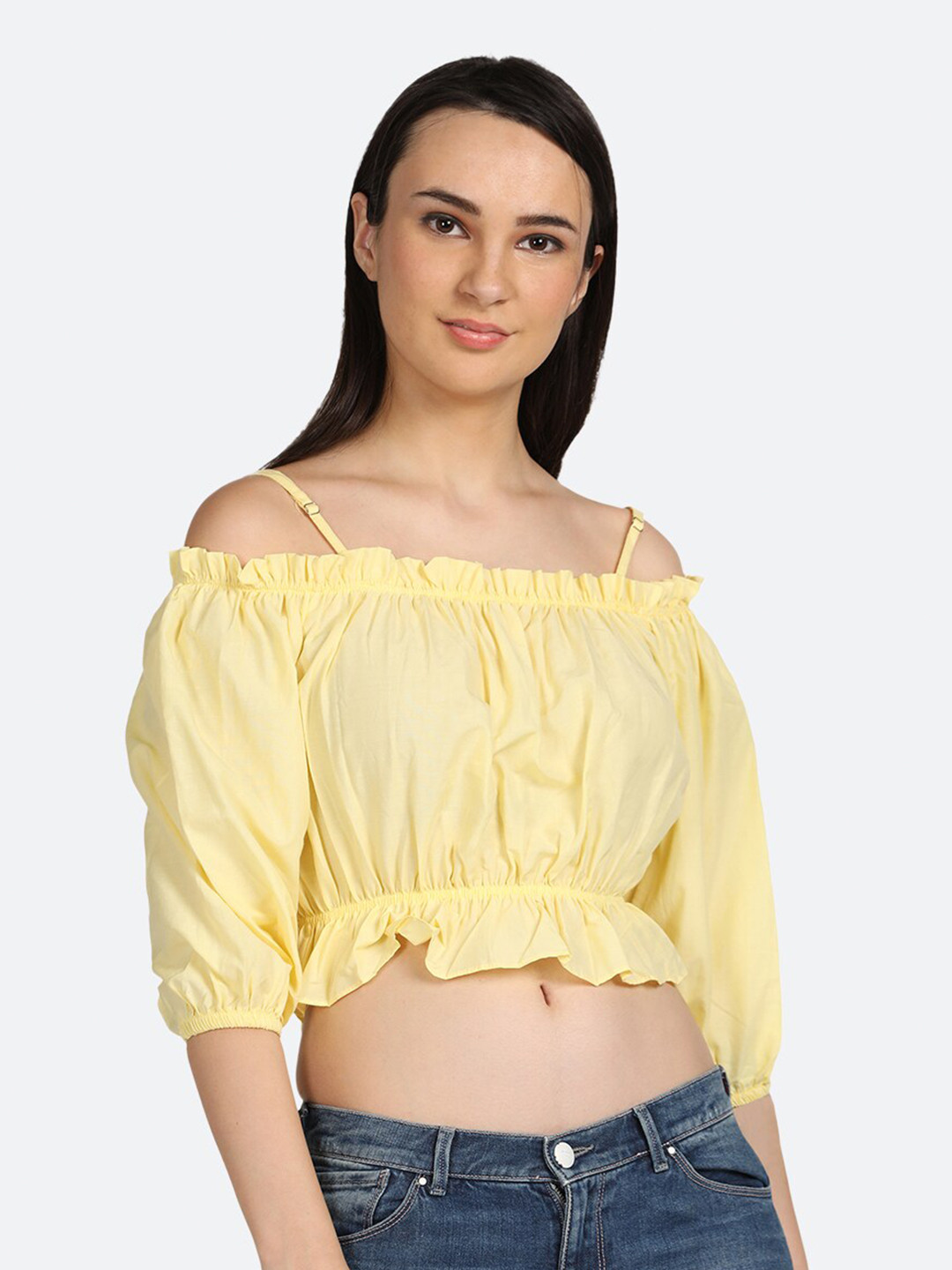 

BOLDMISS Off-Shoulder Puff Sleeve Cotton Bardot Crop Top, Yellow