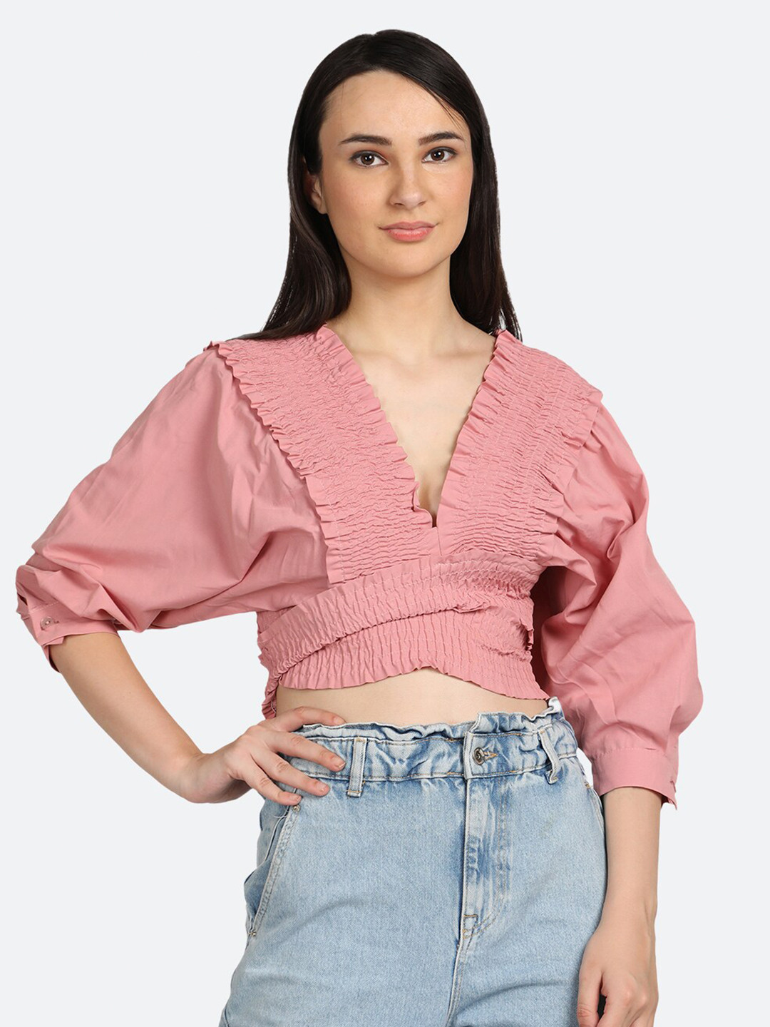 

BOLDMISS V-Neck Smocked Crop Top, Peach