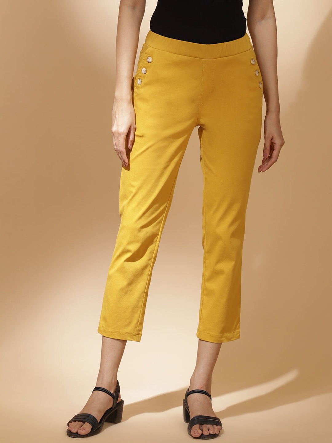 

Lakshita Women Slim Fit Mid-Rise Trousers, Mustard