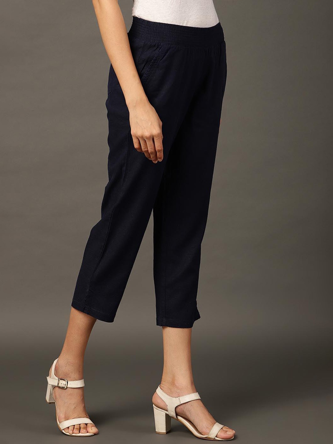 

Lakshita Women Skinny Fit Mid-Rise Pure Cotton Trousers, Navy blue