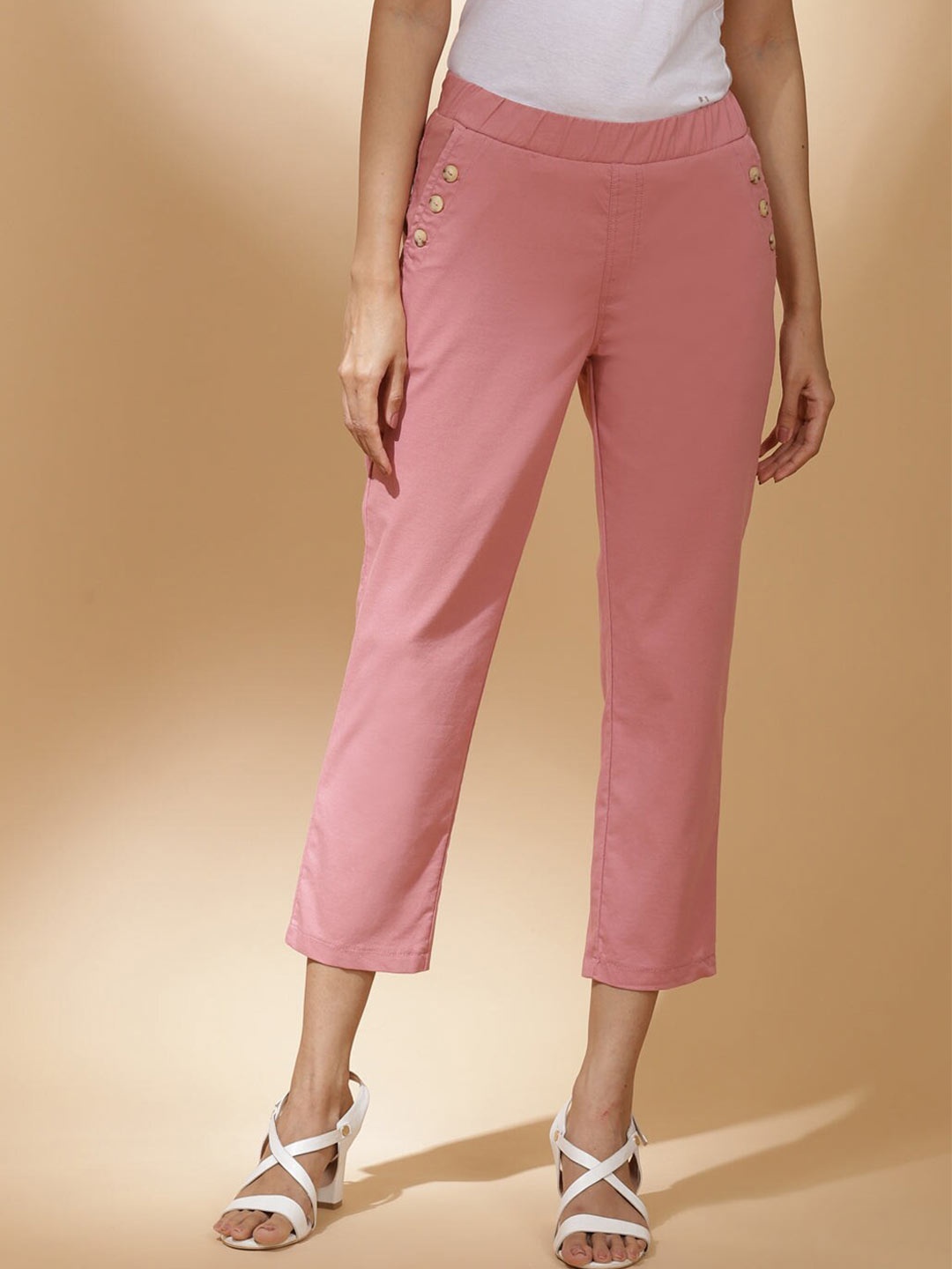 

Lakshita Women Slim Fit Mid-Rise Trousers, Pink