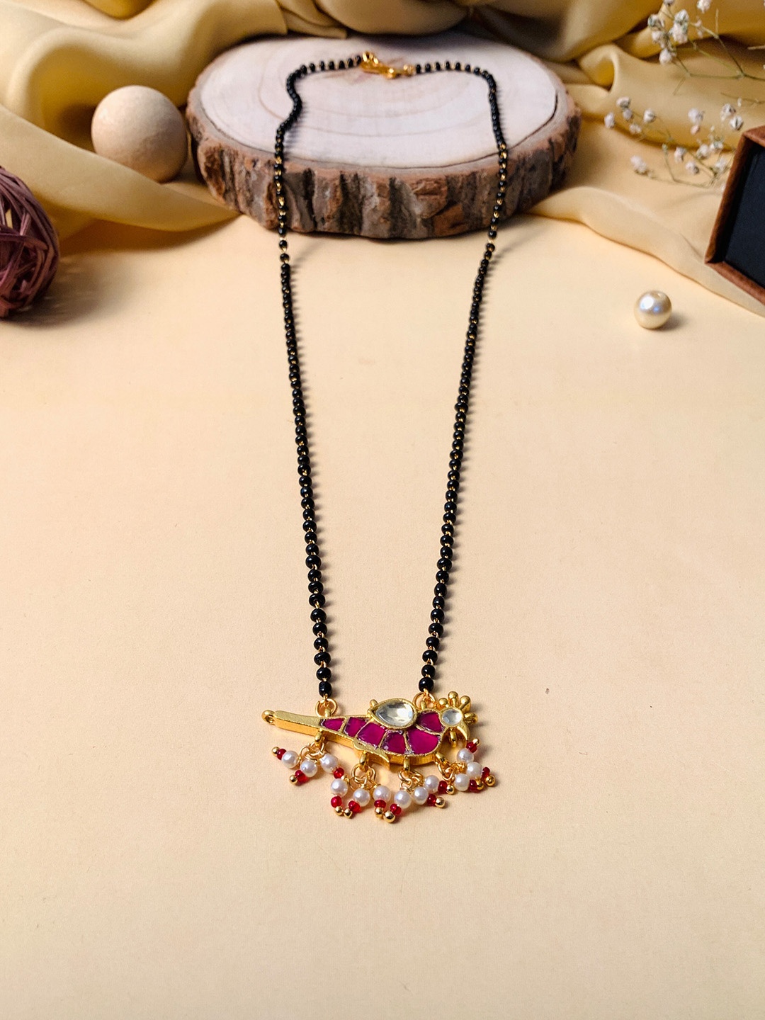 

ABDESIGNS Gold-Plated Kundan Studded & Black Beaded Mangalsutra, Pink