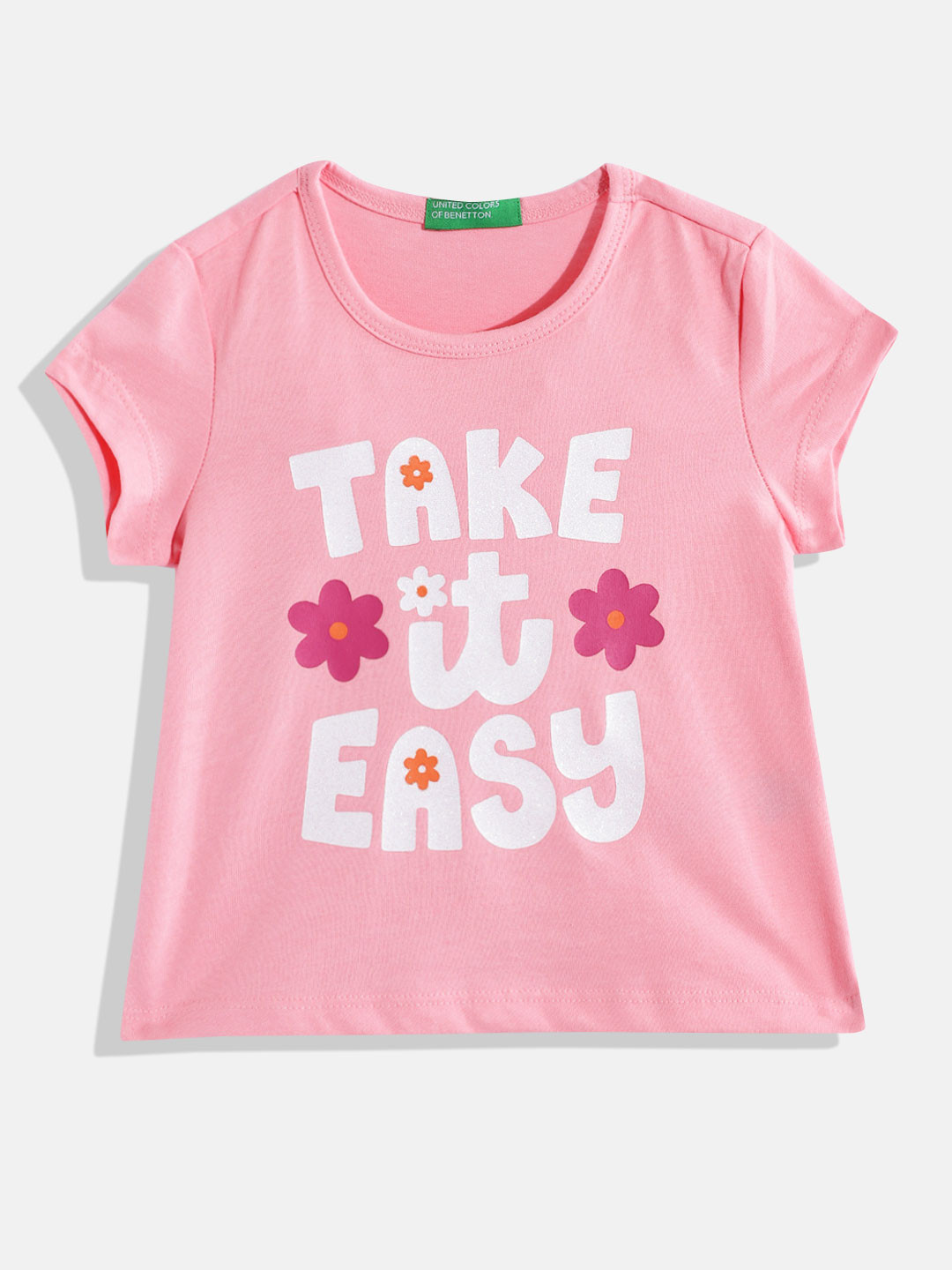 

United Colors of Benetton Girls Typography Printed T-shirt with Glittery Effect, Pink