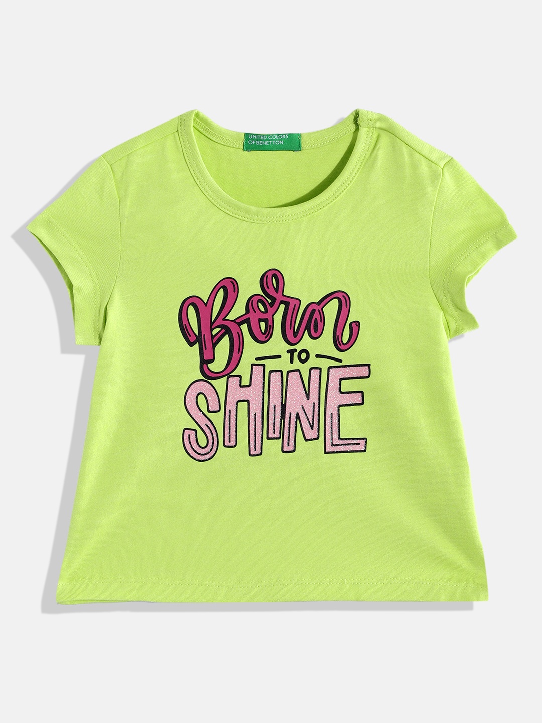 

United Colors of Benetton Girls Typography Printed T-shirt with Glittery Effect, Lime green