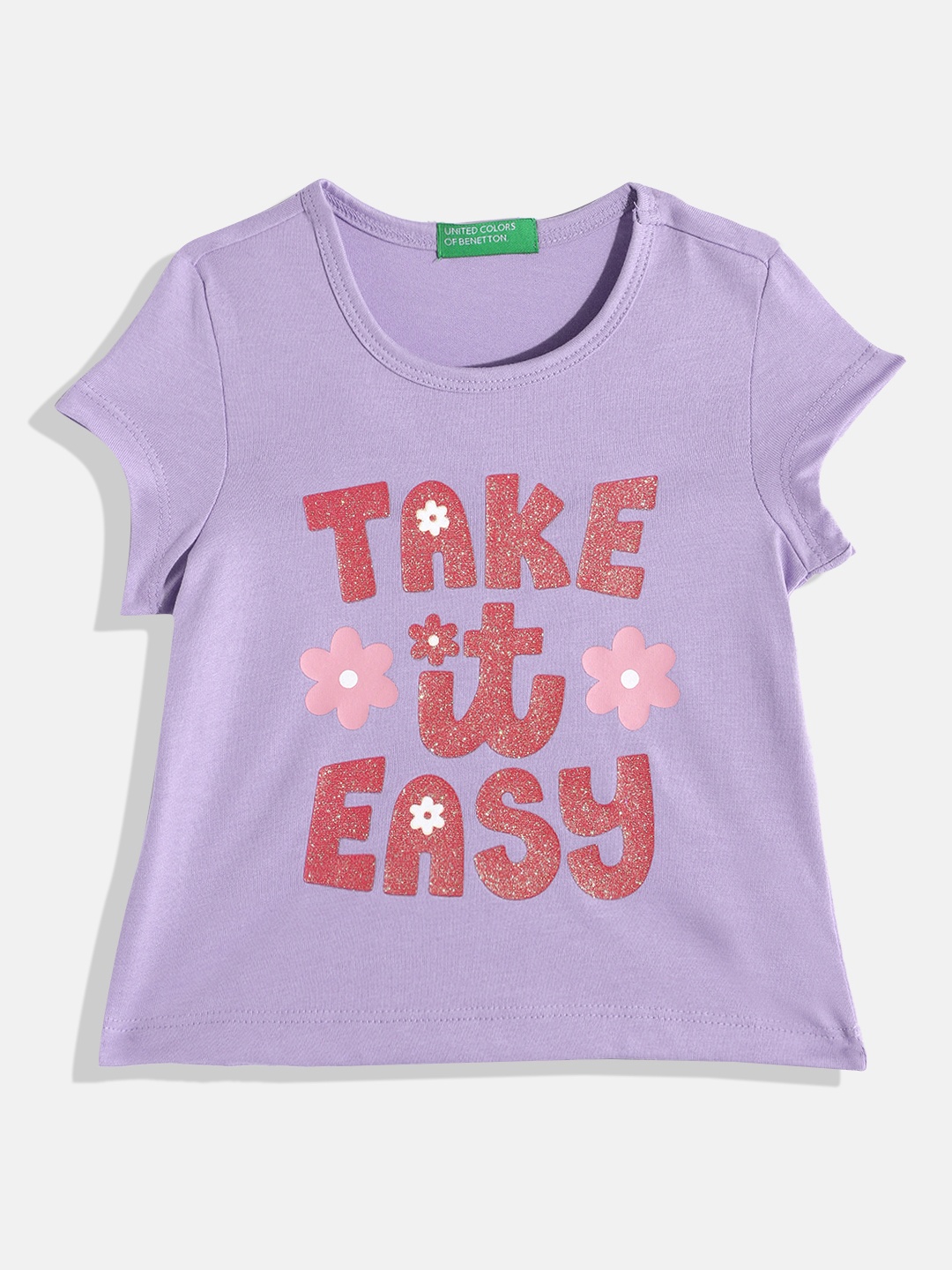 

United Colors of Benetton Girls Typography Printed T-shirt with Glittery Effect, Lavender