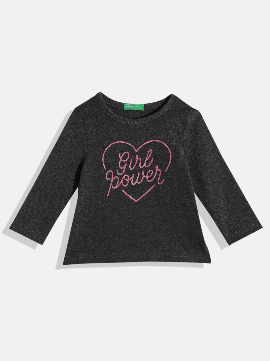 

United Colors of Benetton Girls Typography Printed T-shirt with Glittery Effect, Charcoal