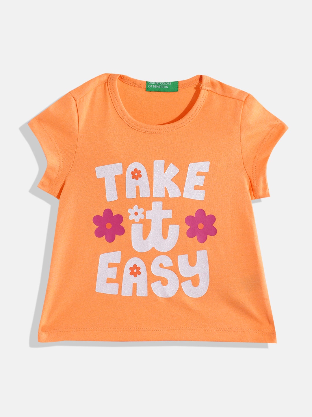 

United Colors of Benetton Girls Typography Printed T-shirt with Glittery Effect, Orange