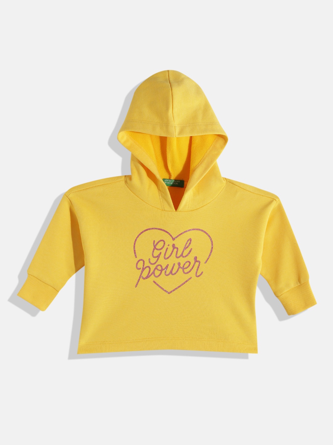 

United Colors of Benetton Girls Typography Printed Hooded Sweatshirt, Yellow