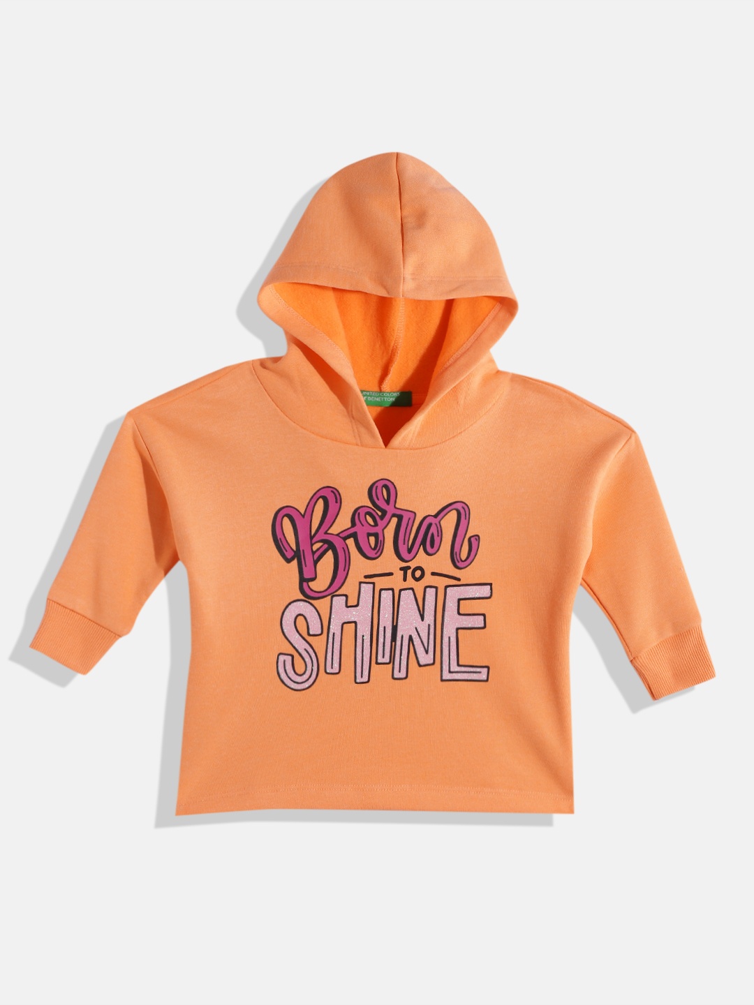 

United Colors of Benetton Girls Typography Printed Hooded Sweatshirt, Orange