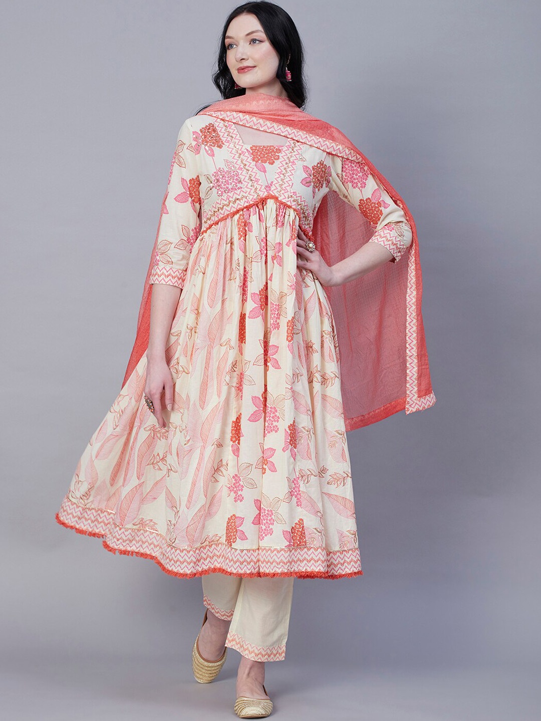 

FASHOR Pink Floral Printed Pleated Pure Cotton Kurta With Trousers & Dupatta