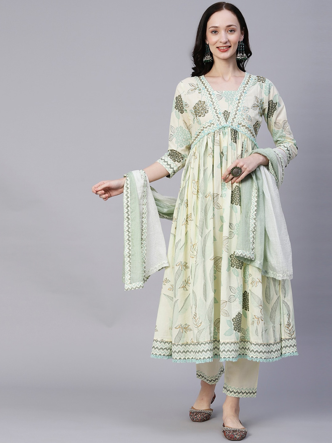 

FASHOR Sea Green Floral Printed Empire Pure Cotton Kurta with Trousers & With Dupatta