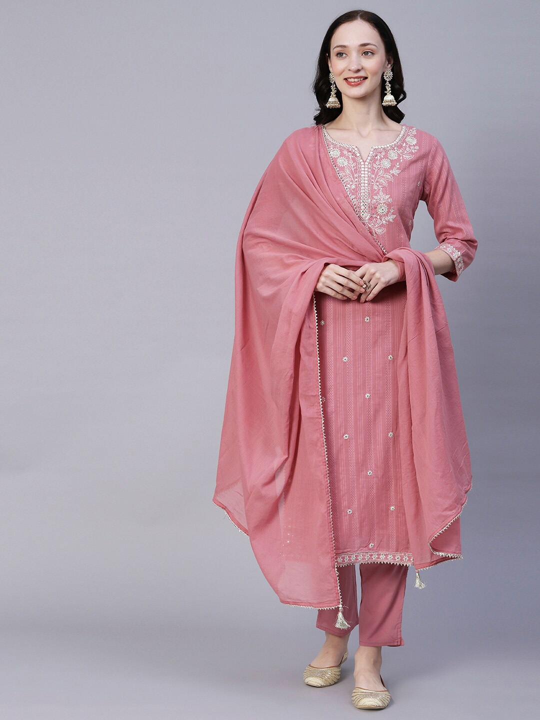 

FASHOR Rose Floral Embroidered Sequinned Pure Cotton Kurta With Trousers & Dupatta