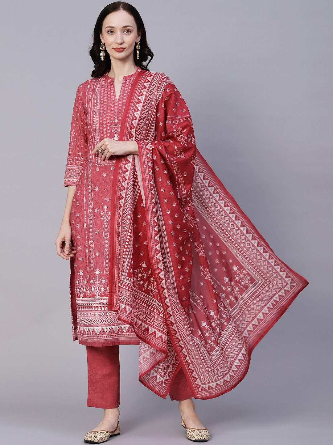 

FASHOR Rust Ethnic Motifs Printed Thread Work Kurta with Trousers & Dupatta