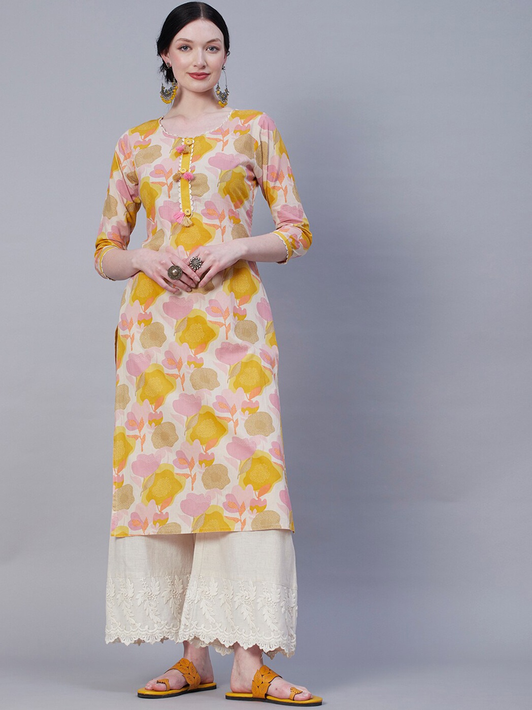 

FASHOR Floral Printed Cotton Straight Kurta, Yellow