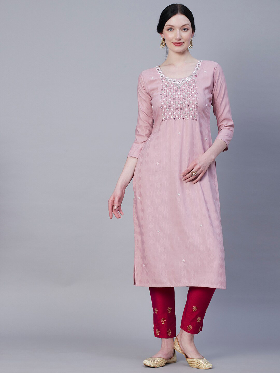 

FASHOR Embroidered Mirror Work Kurta, Rose